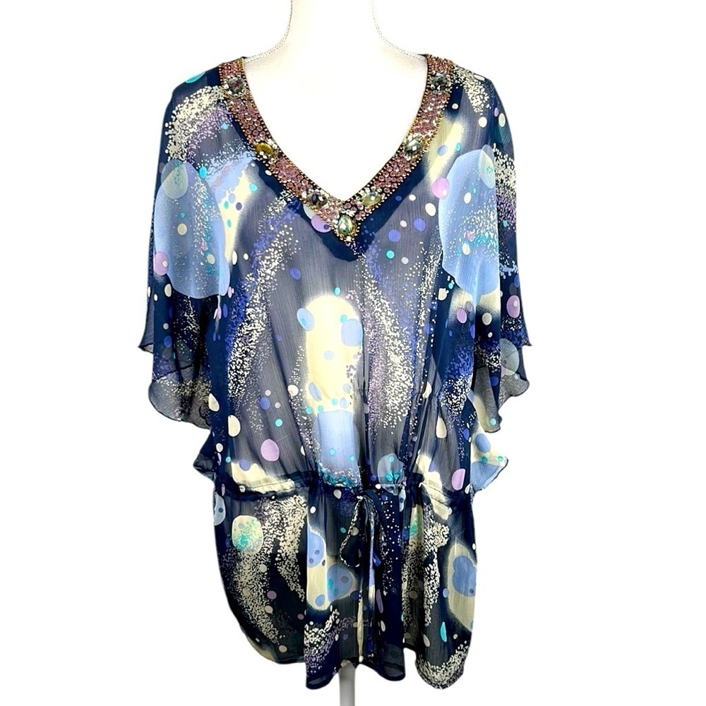Mushbaby Sienna Rose, Inc. Sheer Blue Sequin V-Neck Summer Beach Cover-Up Size L